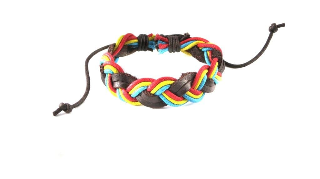 Brown Triple Colored Rasta Braided Leather Bracelet with Drawstrings