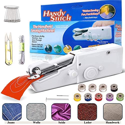 Handheld Sewing Machine Bowin Portable Electric Stitching Machine Cordless Craft Mini Beginner Sewing Machine Fit DIY Curtains Pet Clothes Home Travel with Extra Bobbin, Needle and Threader 28 Pcs