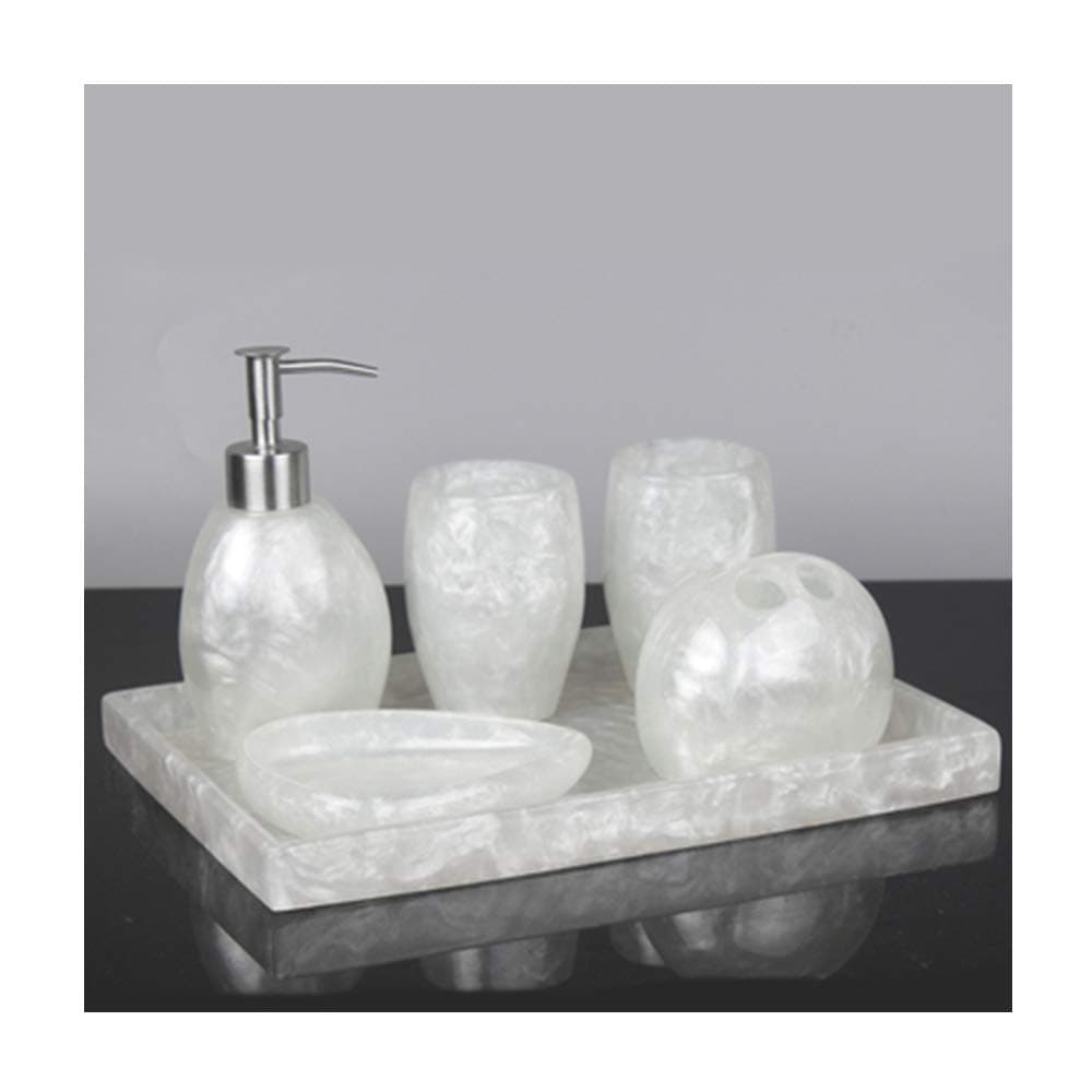 Modern Style Bathroom Accessories Set Resin Bath Ensemble Includes Toothbrush Holder, 2 Tumblers, Liquid Soap Dispenser, Soap Dish, Snowy Pearl White,with Right Angle Tray