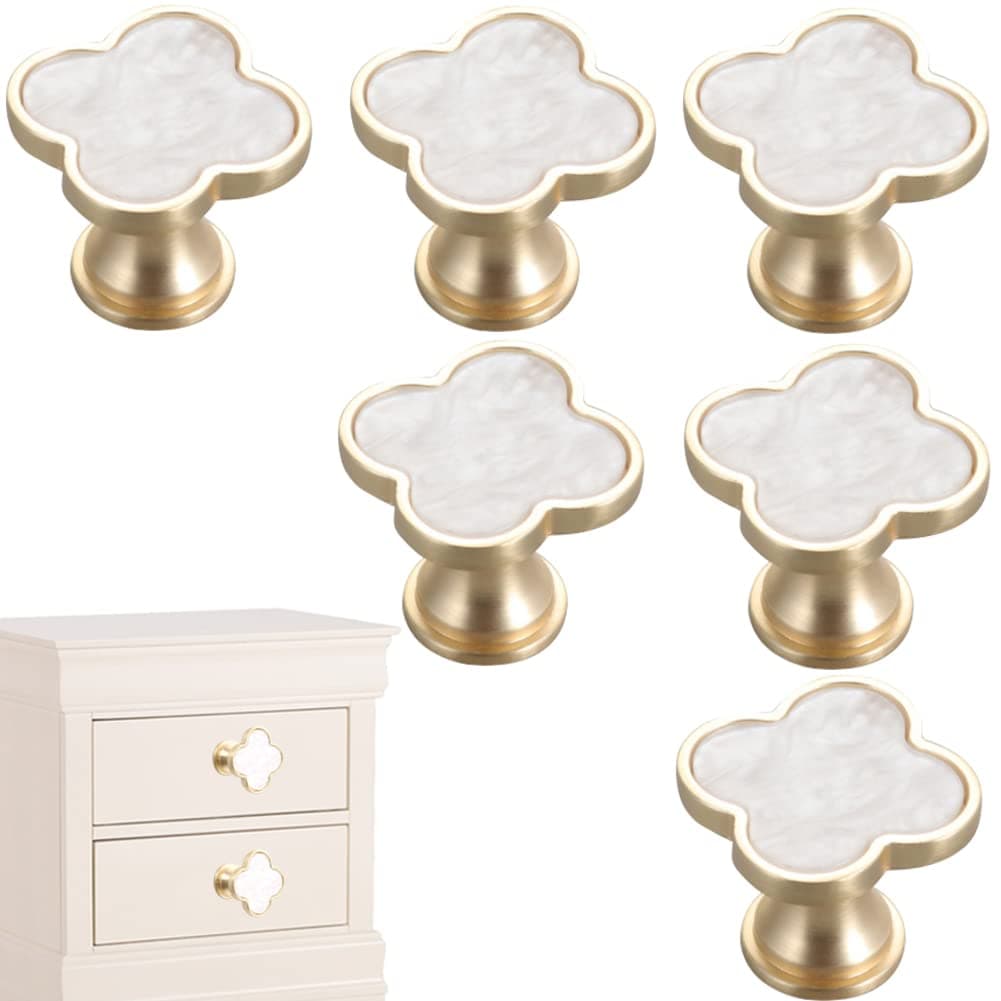 6 Pcs Clover Knobs Four-Leaf Handle Creative Cabinet Drawer Pulls Gold for Dresser Wardrobe Zinc Alloy Single Hole Door Handle(White)