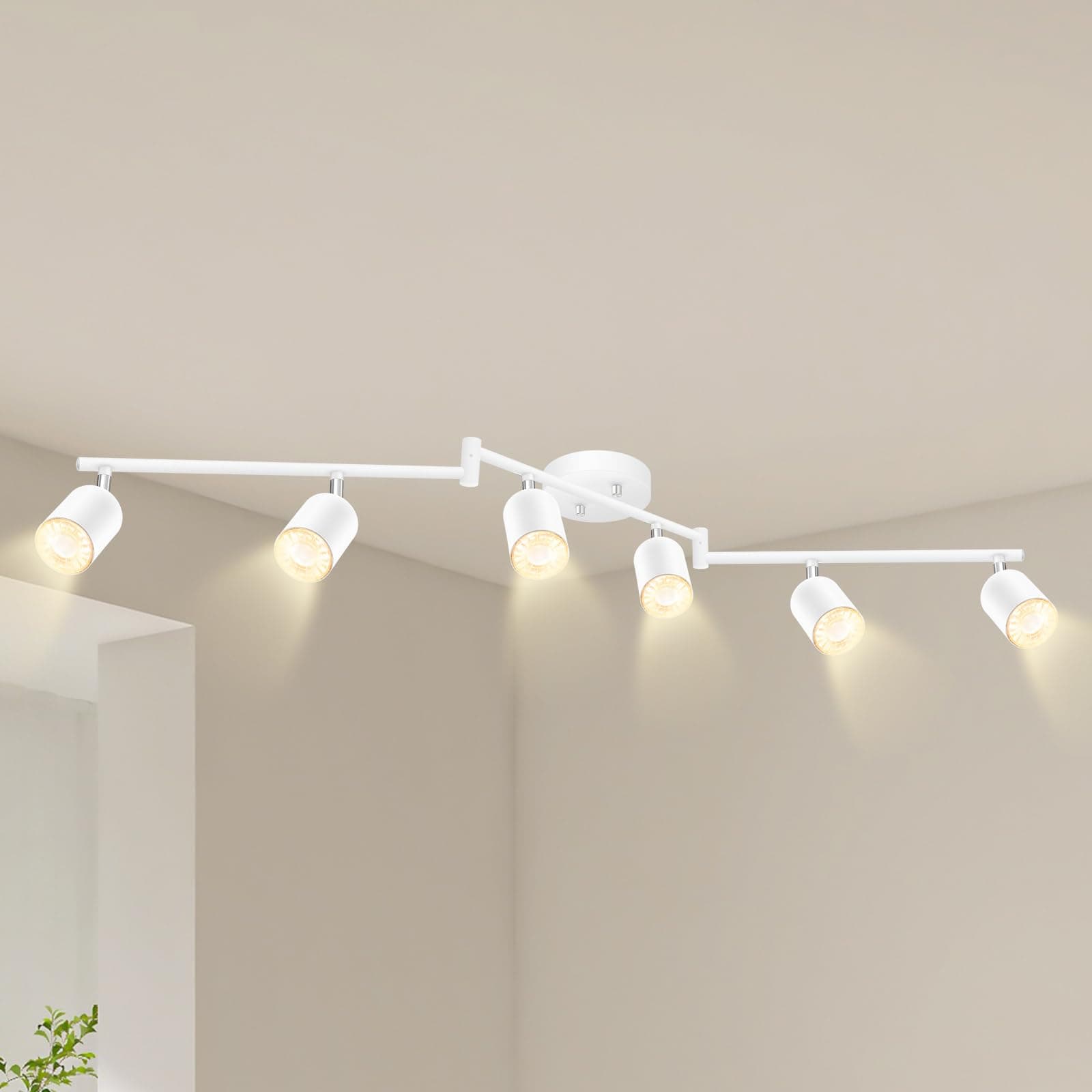 BoostArea LED 6 Light Track Lighting Kit, White 6 Way Ceiling Spot Lighting, Flexibly Rotatable Light Head for Kitchen, Living Room, Bedroom, GU10 Bulb Not Included