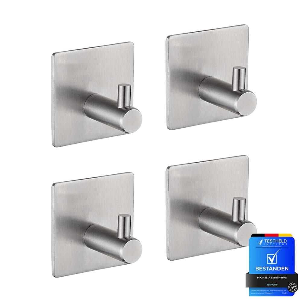 Ibergrif MK34251A Self Adhesive Hooks, 4 Pack Sticky on Hooks Heavy Duty, Towel Wall Door Hooks for Bathroom or Kitchen, Silver