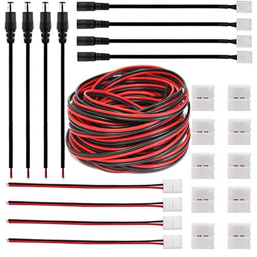FSJEE 2Pin 8MM LED Connector Kit Includes 32.8ft 22AWG Extension Cable,8mm DC Adapter Connection Cable,Gapless Connectors for 3528/2835 LED Strip