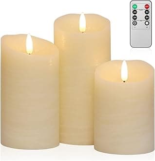 ANGELLOONG Flickering Flameless Candles with Remote, Real Wax Battery Operated Candles with Timer for Home Decor, Set of 3 LED Fake Candle for Fall Wedding Halloween Chirstmas Decoration, Ivory White