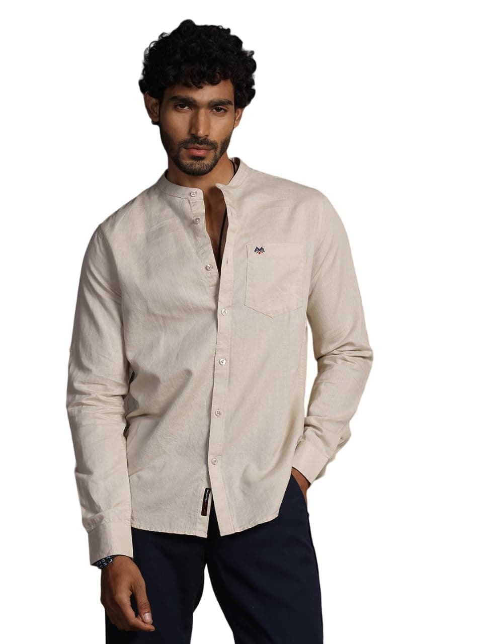 Men's | Solid | Full Sleeve | Slim Fit | Linen Blend | Mandarin Collar | Casual Shirt