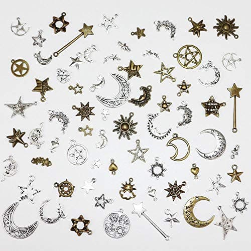 fairy maker 100 Gram (73 Pcs) Celestial Mixed Sun Moon Star Pendant Charms Bulk Alloy Charms for DIY Necklace Bracelet Jewelry Making And Crafting