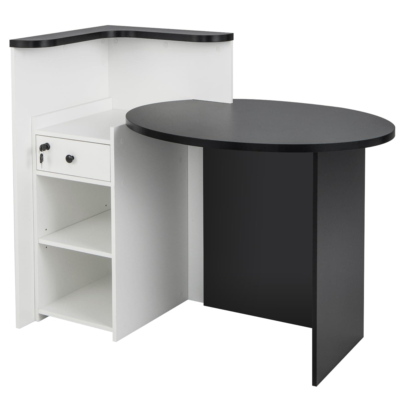 Reception Desk, Small Retail Checkout Counter with Lockable Drawer and Open Shelves, Wooden Computer Workstation for Home Office Lobby, White Oval Desktop & Black Counter