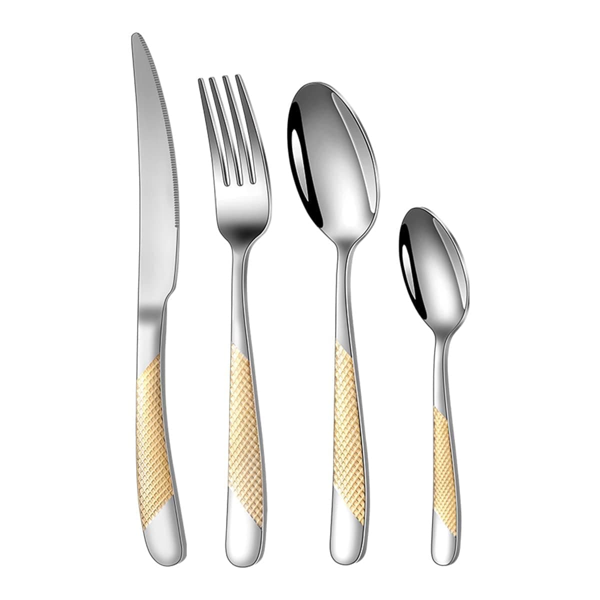 Mirror Finish Gold Plated Stainless Steel Flatware Set - Copper Silverware Rose Gold Cutlery [Dinner Fork, Tea Spoon, Salad Spoon, Knife] (Golden DOT, 4)
