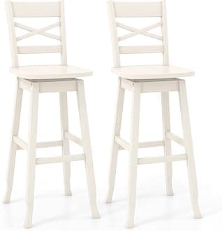COSTWAY 30-Inch Bar Height Stool Set of 2, Rubber Wood Swivel Bar Stool with Inclined Backrest, Curved Seat & Footrest, Bar Chair for Kitchen Island & Pub (2, White)