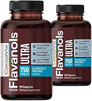 - CocoaVia Ultra 750mg Cocoa Flavanols – Heart & Brain Support, Memory & Blood Circulation Booster, High Flavanol Cocoa for Nitric Oxide, Energy & Oxygen Boost, Vegan, Gluten-Free, 60-Day Supply