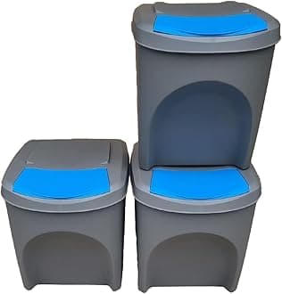 Large Stackable Recycling Bins Set of 3x25L (Brand KrysGo) - Customizable Lids with Recycling Stickers - Waste Sorting for Home, Kitchen, Office (Grey + Blue)
