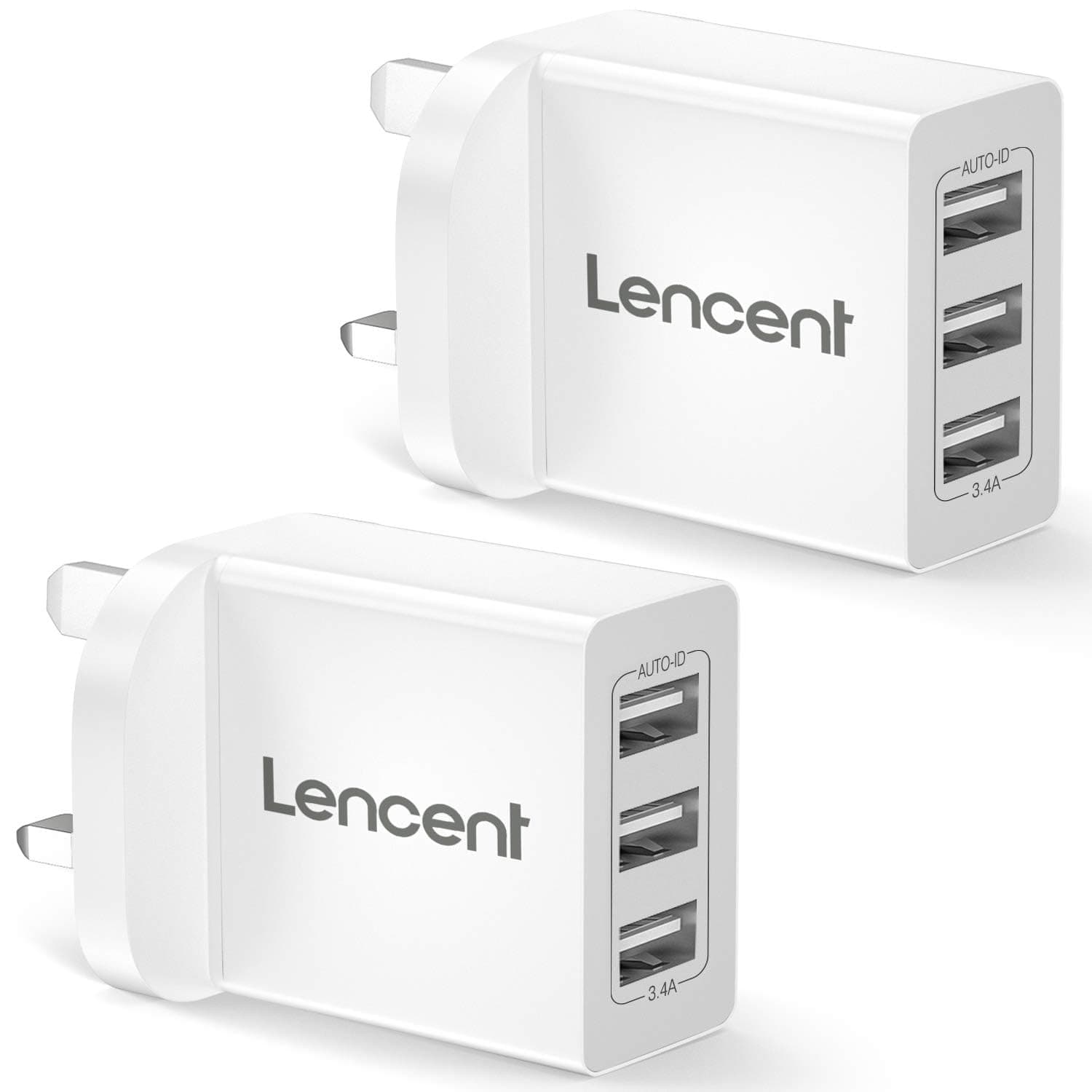 LENCENT USB Plug Charger [2 pack], 3-Port 3.4A USB Wall Charger Cube Portable UK Mains Power Adapter Plug with Smart IC Technology for Smartphones Tablets Powerbank