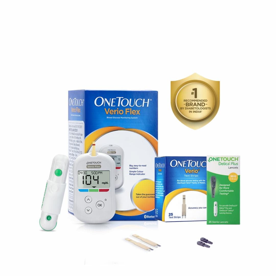 OneTouch Verio Flex glucometer with 10+25 Test Strips & 25 additional lancets (total 35 sterile lancets) | Sync your results with OneTouch Reveal mobile app| Simple & accurate testing of blood sugar