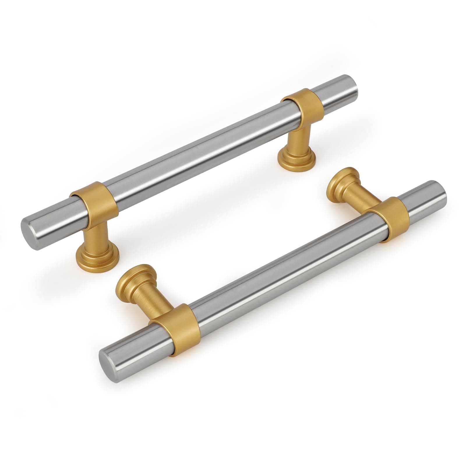 Haliwu10 Pack Brushed Nickel and Gold Cabinet Pulls for Kitchen Drawers Pull for Barrel Cabinet Hardware Handles,3 inch Hole Center