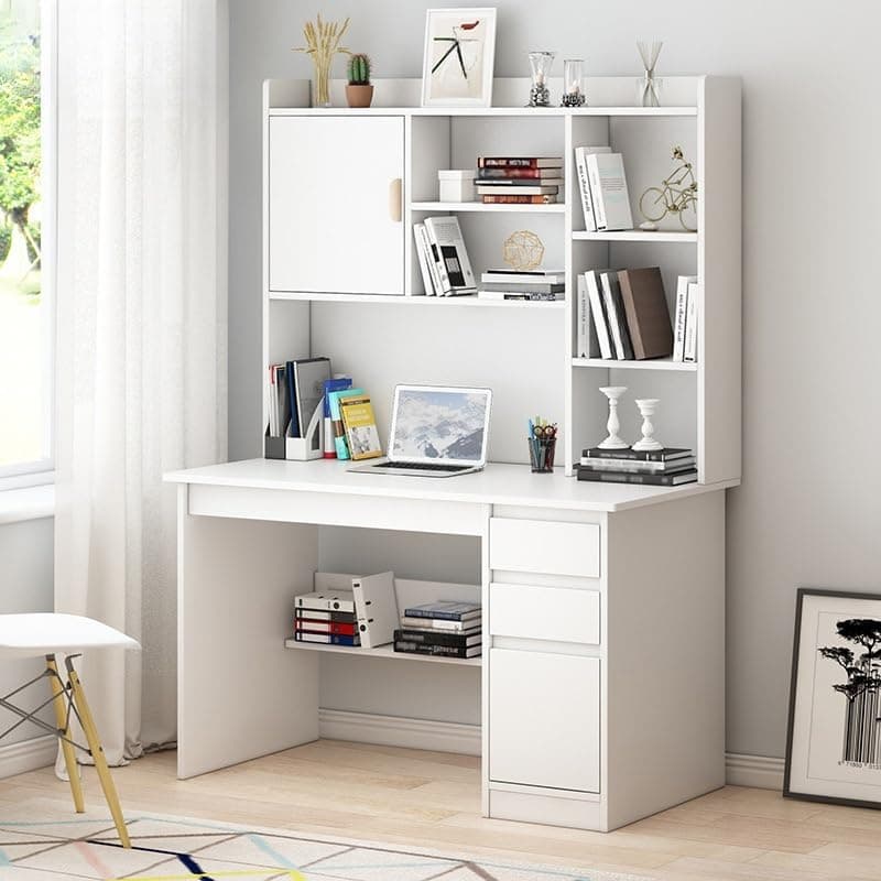 LITFAD Modern Computer Desk Work from Home Desk with Hutch, Bookcase and Integrated Cable Management, Rectangular Wood Office Desk 3 Drawers, 39.4" L x 17.7" W x 64.2" H, White