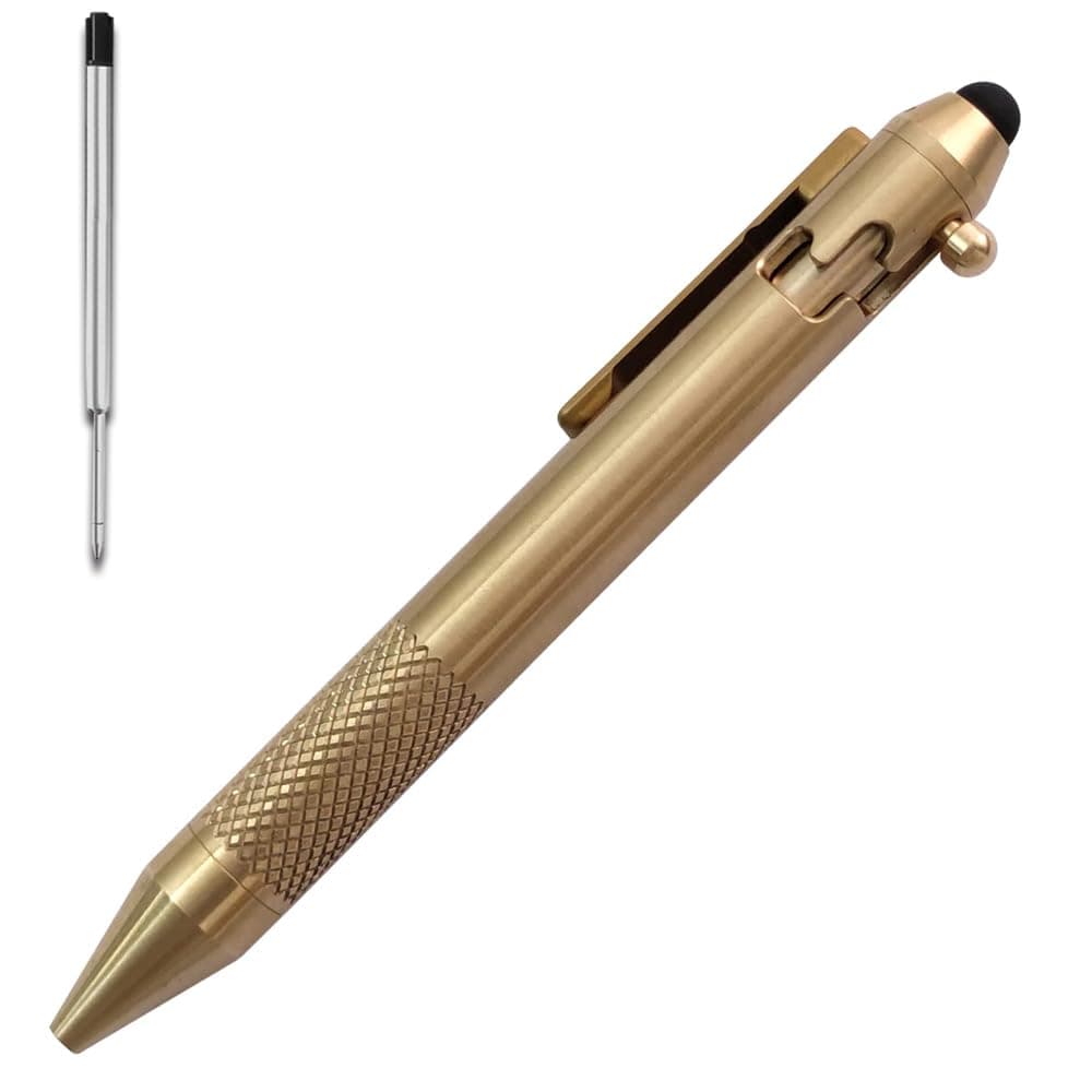 Cool Hand 4.9'' Brass Bolt Action Pen with Retractable Stylus Tip for Any Touch Screen, Ballpoint Ink Refillable, Compact Size, Skelton Out Deep Pocket Clip (Brass)