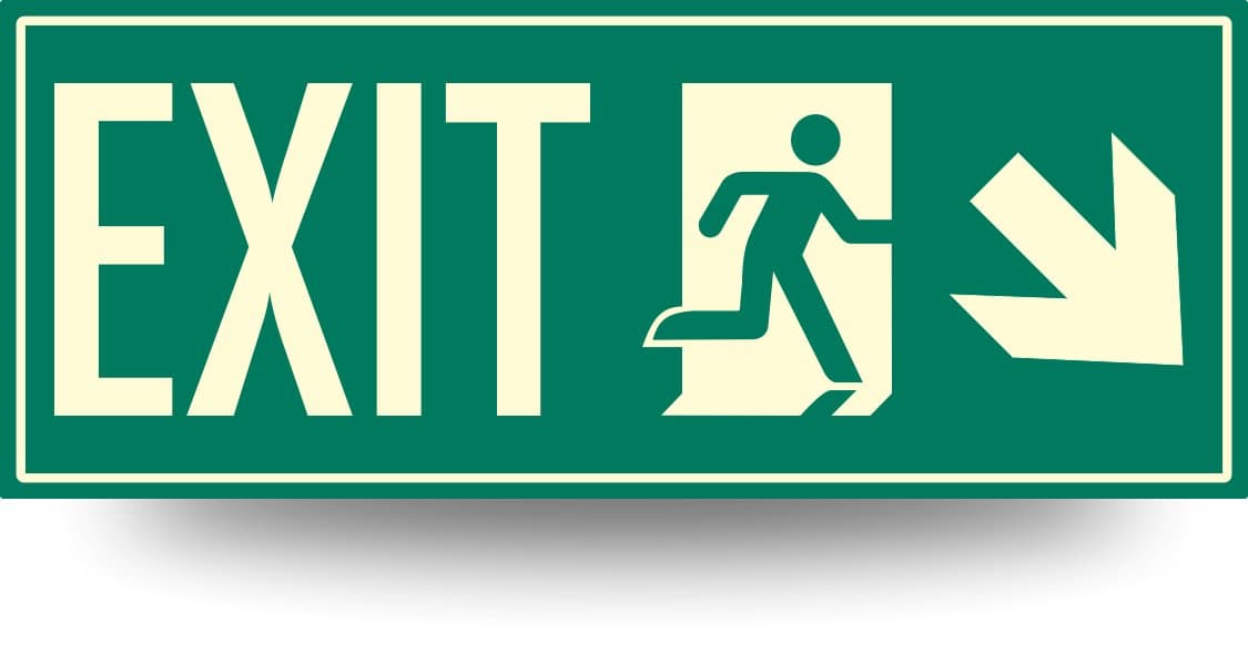 Low Proximity Photoluminescent Exit Sign Running Man (Right Down Arrow) 15" x 6". Aluminum Code Approved ASTM E2072 / IBC / NFPA 101