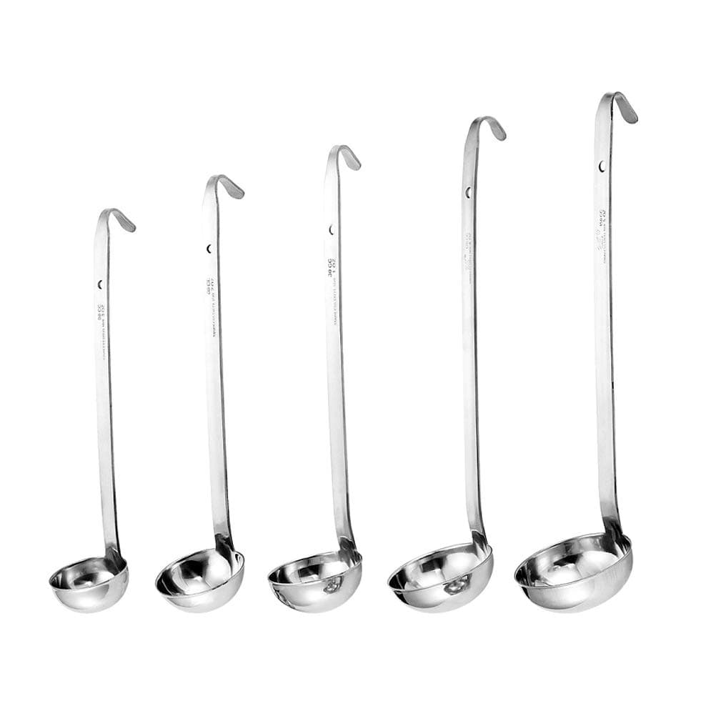 Stainless Steel Hooked Handle Ladle Set - 5 Pcs with Pouring Rim, Long Handle for Kitchen Cooking Soup Sauce (1oz, 2oz, 4oz, 6oz, 8oz)