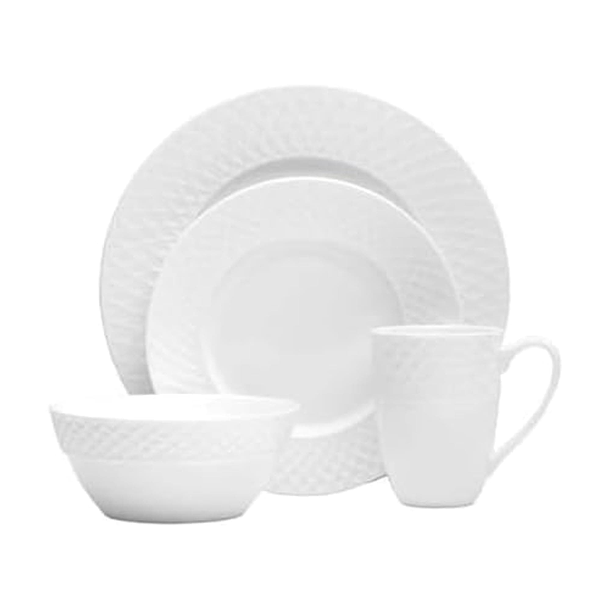 Mikasa Trellis 16-Piece Bone China Dinnerware Set, White, Includes Dinner Plates, Salad Plates, Cereal Bowls and Mugs, Dishwasher Safe