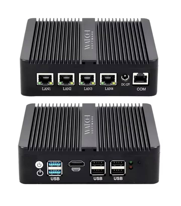 Fanless Mini PC Firewall, Intel J4125 Quad Core, 8GB RAM, 128GB SSD, 4 x 2.5G LAN, VPN Router, PFsense & Opnsense Compatible, Network Security Appliance with RS232, USB Ports