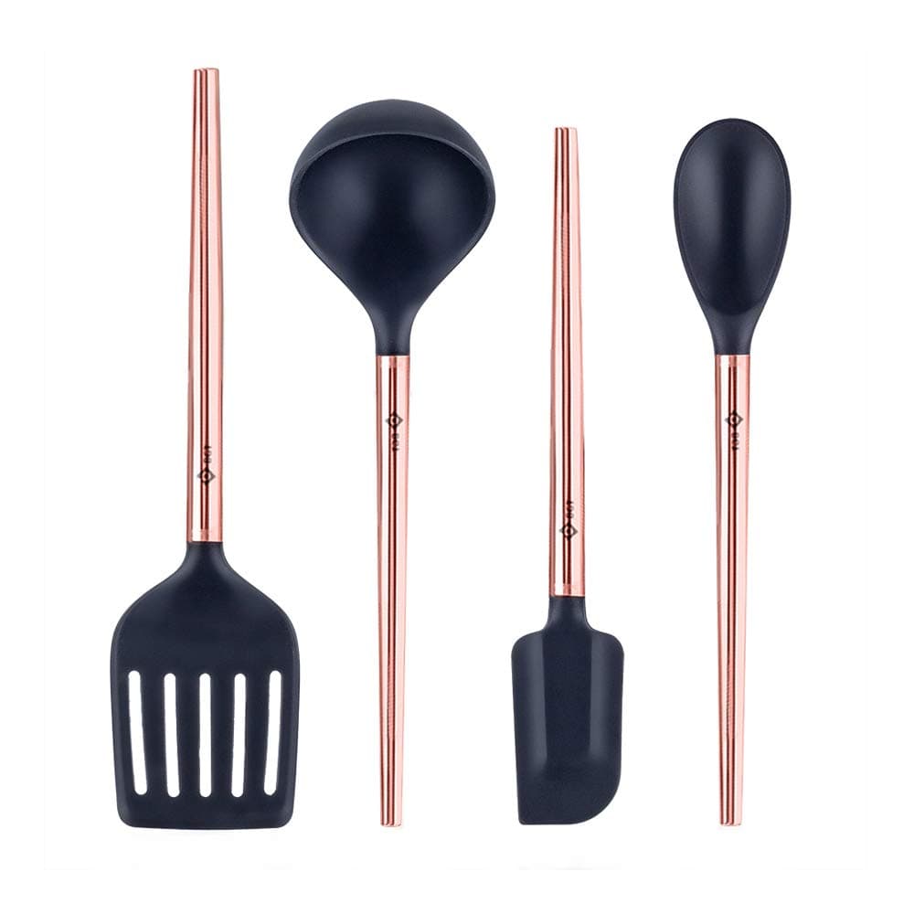 BGT 4 pcs Silicone Kitchen Utensils Set Black with Copper Coated Stainless Steel Handle for Cooking and Serving - Kitchen Tools- BPA Free