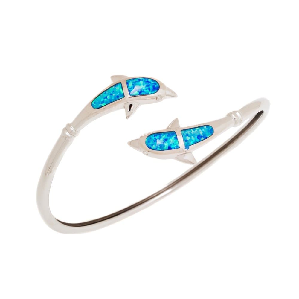 Sterling Silver Opal Inlay Magnificent Dolphins Bypass Bangle Bracelet