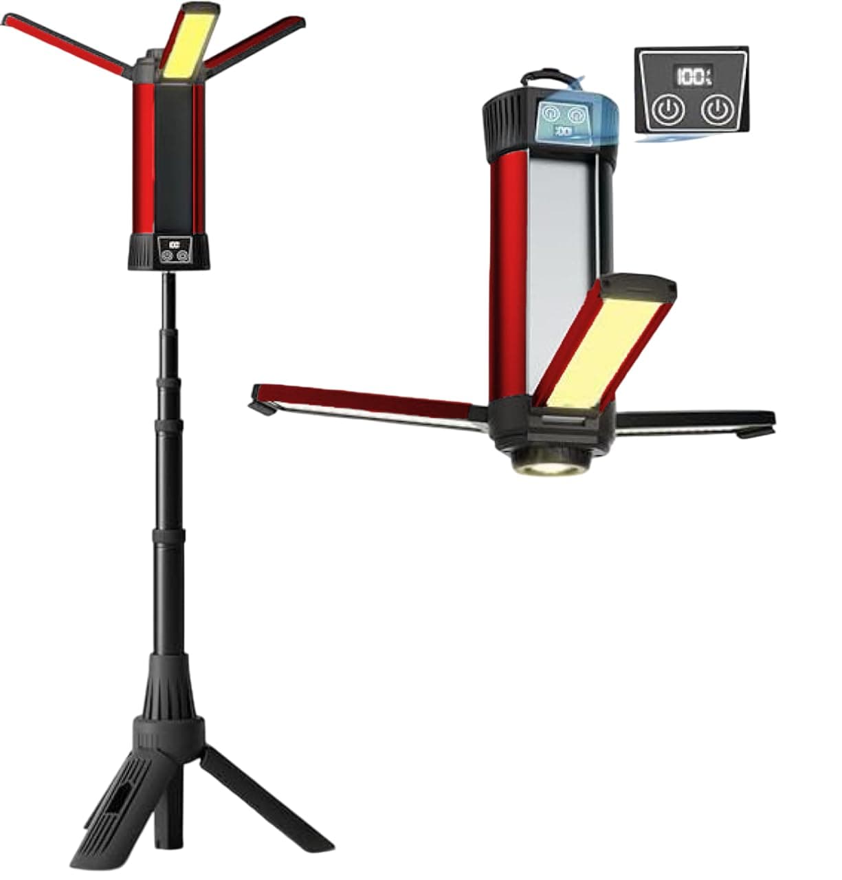 COMFET Rechargeable LED Camping and Work Light with Tripod Stand(1.20m height), 500/1k/2k Lumen, 360° Rotate Foldable,3 COB and 6000mAh Battery with Display for Camping, Car Repairing, Workshop.