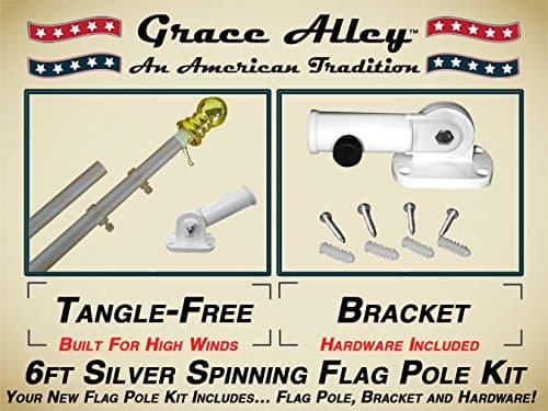 Grace Alley Flag Pole Kit: Includes Tangle Free Flag Pole and Flag Pole Bracket. Silver Aluminum Flag Pole. Great for Residential or Commercial. Wind Resistant/Rust Free.