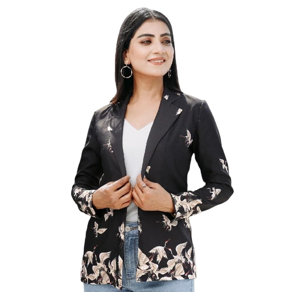 FAB CURATE with tagline CURATE YOUR OWN FABRICFabcurate Bird Printed Blazer for Women Black | Classic Tailored Modern Jacket with Notched Neck & Full Sleeves | Fashionable Casual Wear