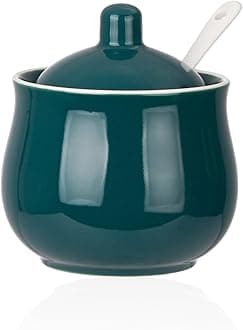 Ceramic Sugar Bowl with Lid and Spoon, Green Porcelain Sugar Salt Pepper Storage Jar, 7 Ounces