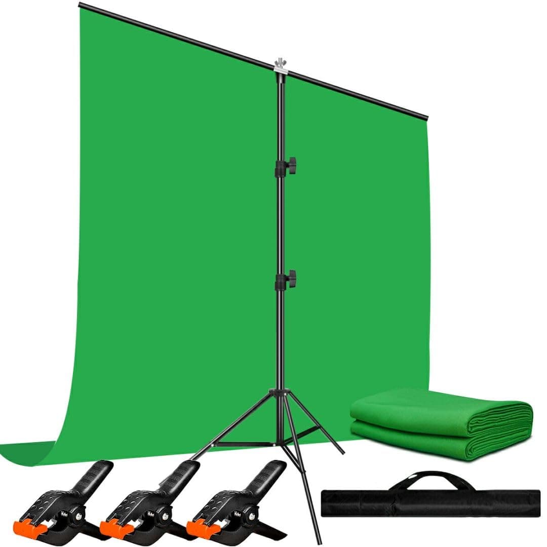 5X6.5ft Green Screen Backdrop with Stand Height Adjusted, Washable, Ironable Green Screen with T-Shape Background Stand Kit with Carrying Bag & Clamps for Streaming, Video, Zooming, Gaming