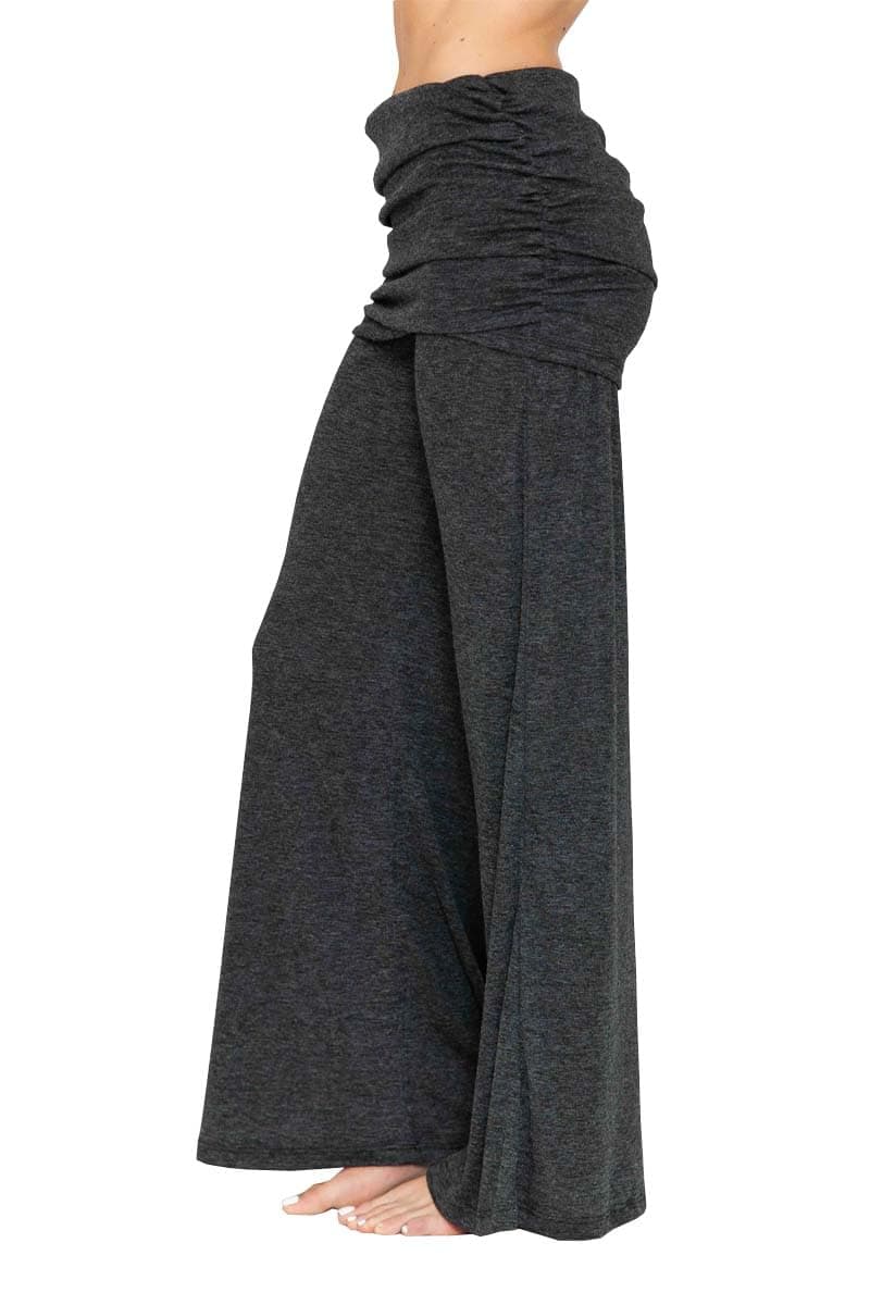 Womens Casual Solid Flared Bottom Ruched Foldover Lounge Palazzo Pants S-L