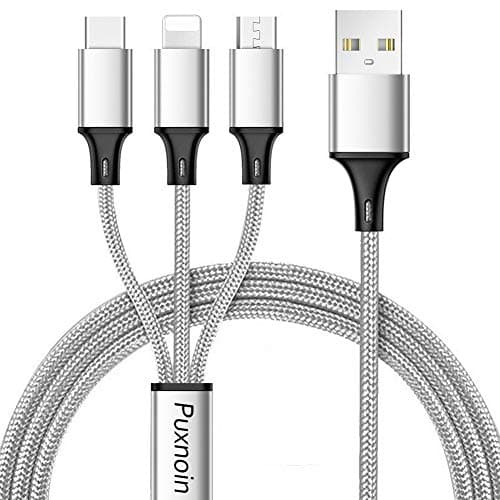 Multi Charger Cable, 4ft 3 in 1 Universal Nylon Braided Multiple USB Charging Cord with Micro USB/Type C Connector Compatible with Galaxy S8, Tablet and More - Silver