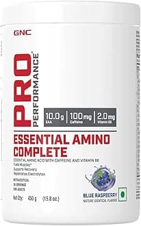 GNC Pro Performance Essential Amino Complete | 450 gm | 30 Servings | Fuels Muscle Growth | Beats Fatigue | Prevents Muscle Cramps | 10g EAA | 100mg Caffeine | 2mg Vitamin B6 | Blue Raspberry