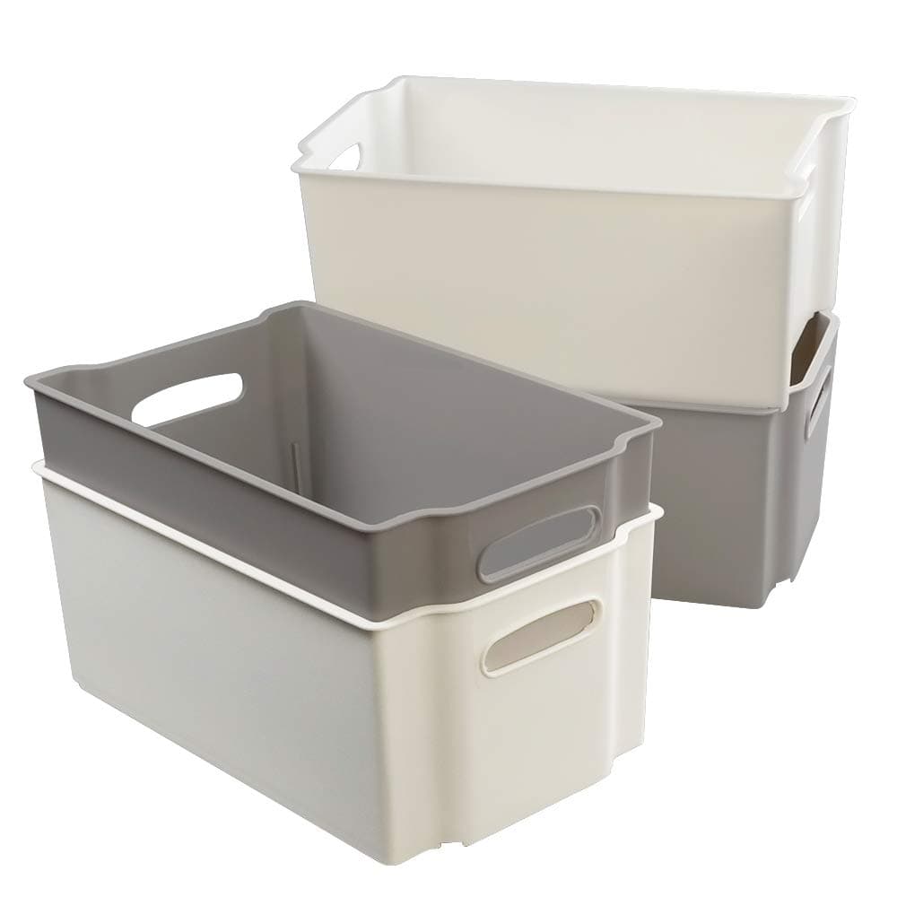Small Plastic Storage Basket Box, Open Storage Bin Set of 4, White, Grey