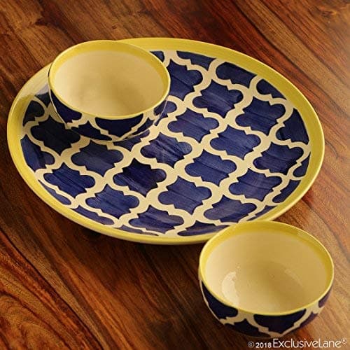 ExclusiveLaneCeramic 'Moroccan Platter Pack' Handpainted Serving Plate with Serving Bowl Dinnerware Set (1 Plate, 2 Bowls, Blue)