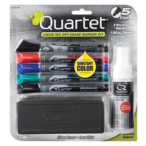 Quartet Dry Erase Markers Accessory Kit, Includes 5 Fine Tip EnduraGlide Dry Erase Pens, Whiteboard Eraser, & White Board Cleaning Spray Bottle, for Teachers, Home School & Office Supplies (5001M-5SK)