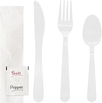 Individually Wrapped Plastic Cutlery Packets/Heavy Duty Silverware Kits, Fork/Spoon/Knife/Napkin/Salt/Pepper, 50 Utensils Sets, White