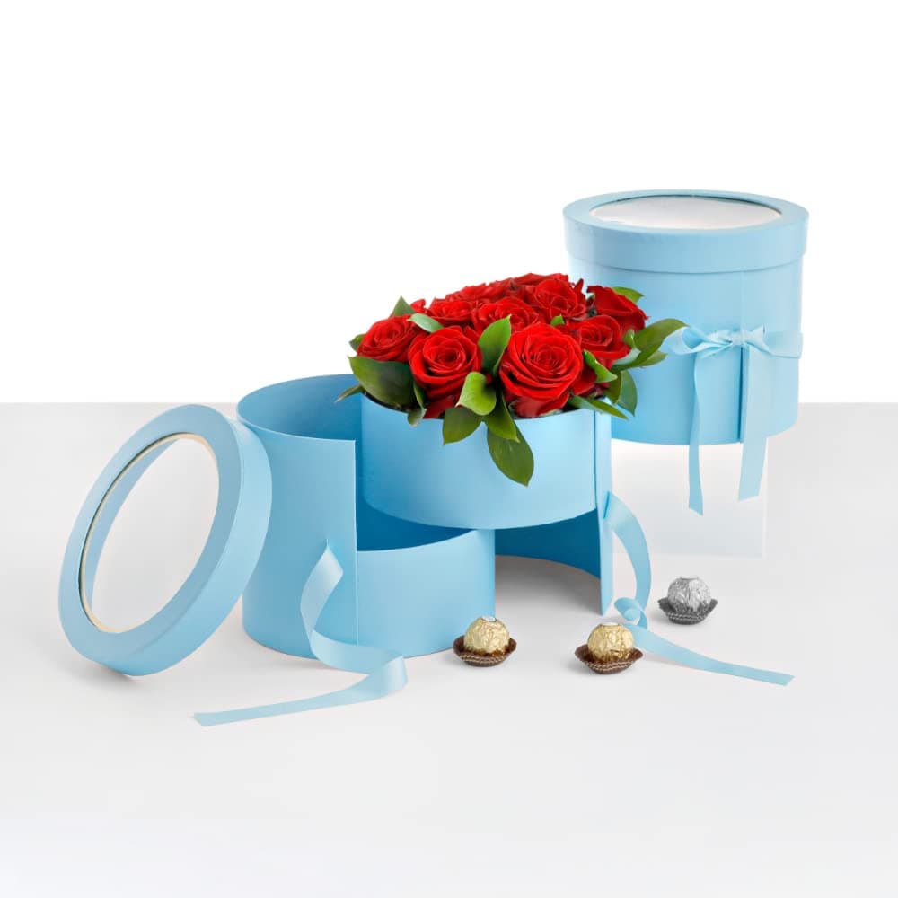 UNIKPACKAGING Premium Quality Round Flower Box, 2 TIER,Gift Boxes for Luxury Flower and Gift Arrangements, with Lids, Size 7.8 dia. x 7 inch, for Luxury Style Flower Arrangements (Ocean Blue)