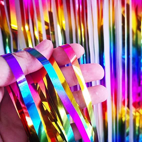 MONKEYTAIL Dark Rainbow Foil Fringe Curtains | 2 Pack | 3.28 x 8.2 Ft Each | Sparkly Metallic Backdrop Streamers, Baby Shower, Wedding Decorations