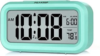 PEAKEEP Smart Night Light Digital Alarm Clock with Indoor Temperature, Battery Operated Desk Small Clock (Mint)