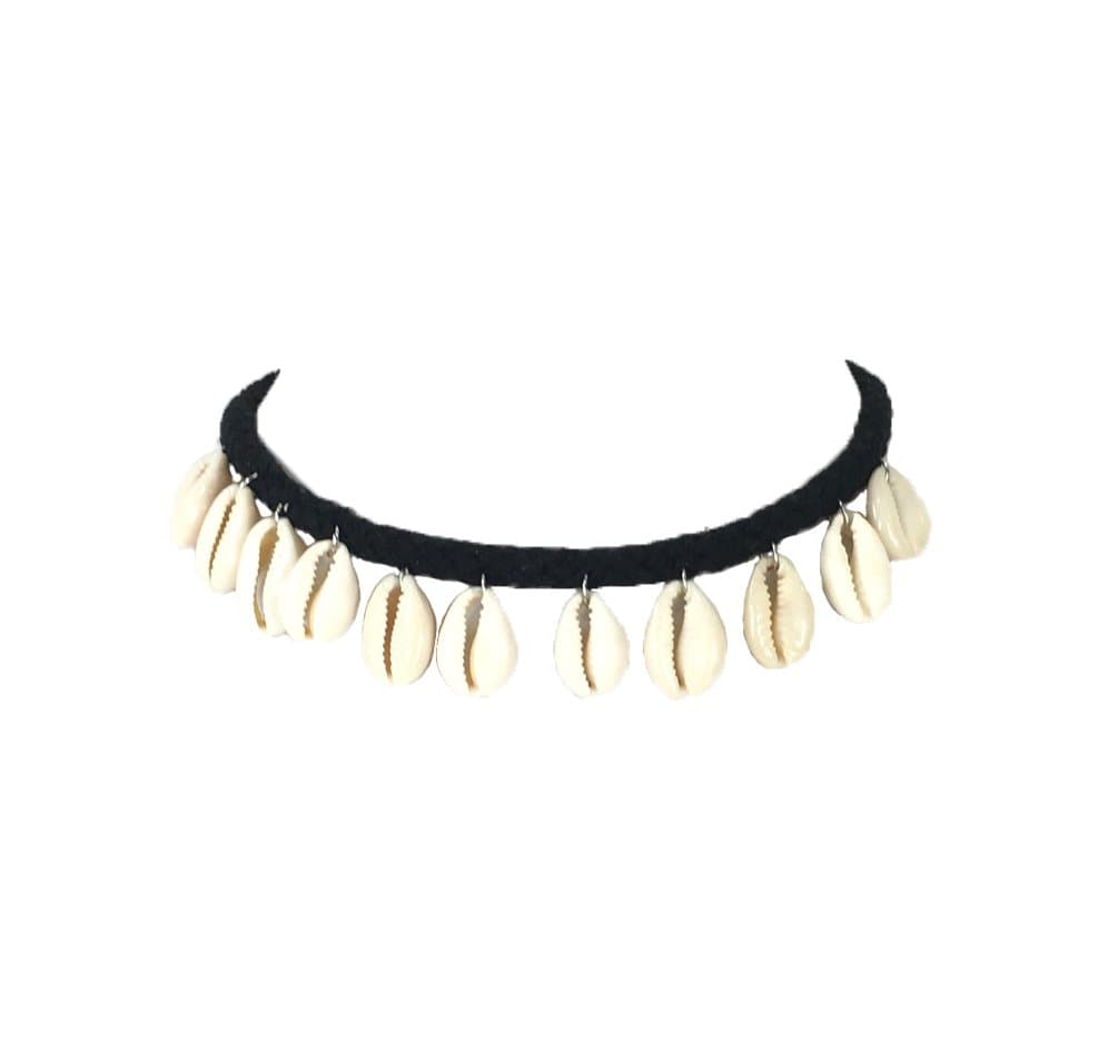 Cowrie Seashell Drop Choker Necklace, Black