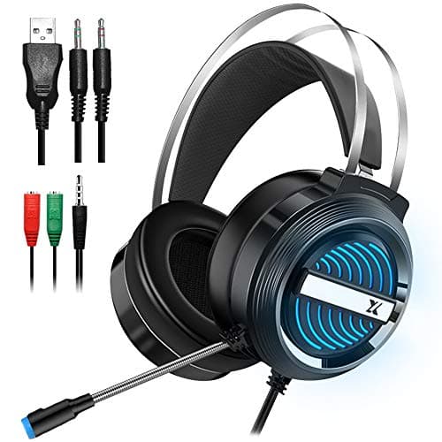 Dland Gaming Headset with Mic and Changeable LED Light for Laptop,Computer, Cellphone, PS4 and Xbox,3.5mm Wired Noise Isolations Gaming Headphones with Volume Control-Black