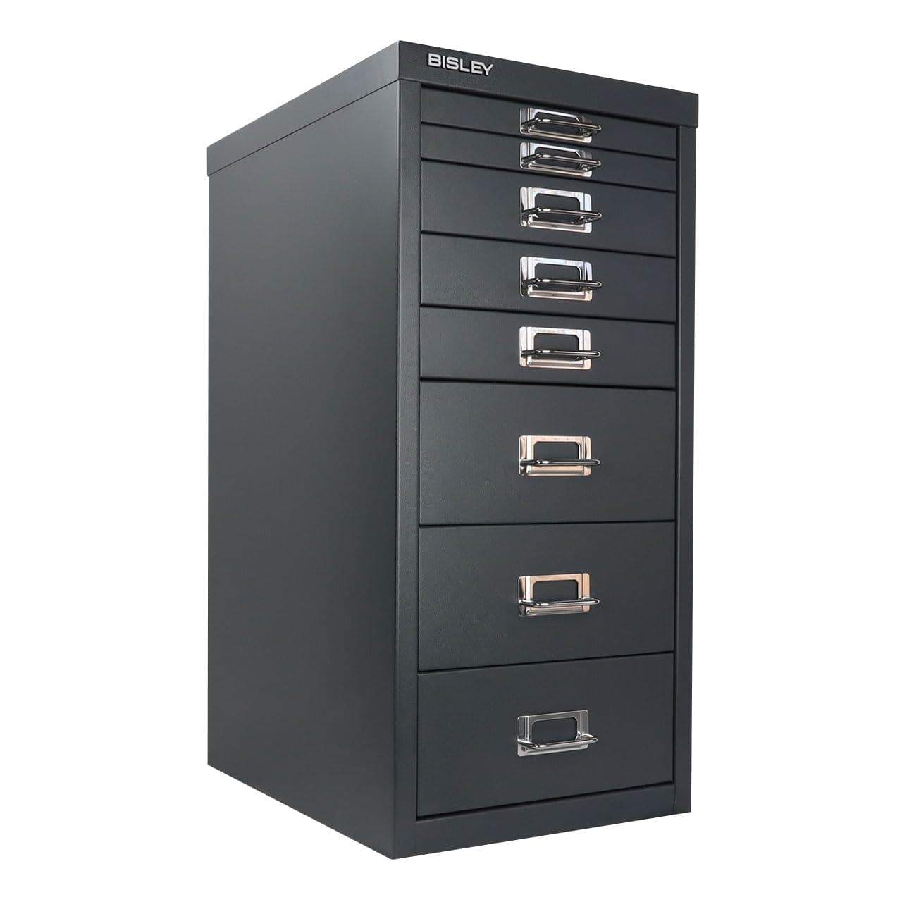 Bisley 8-Drawer Steel MultiDrawer Cabinet - Anthracite Grey, Chrome Pull Handles with Label Holders, Powder-Coated Steel, Removable Drawers, Fits Under Most Desks, Labels Included
