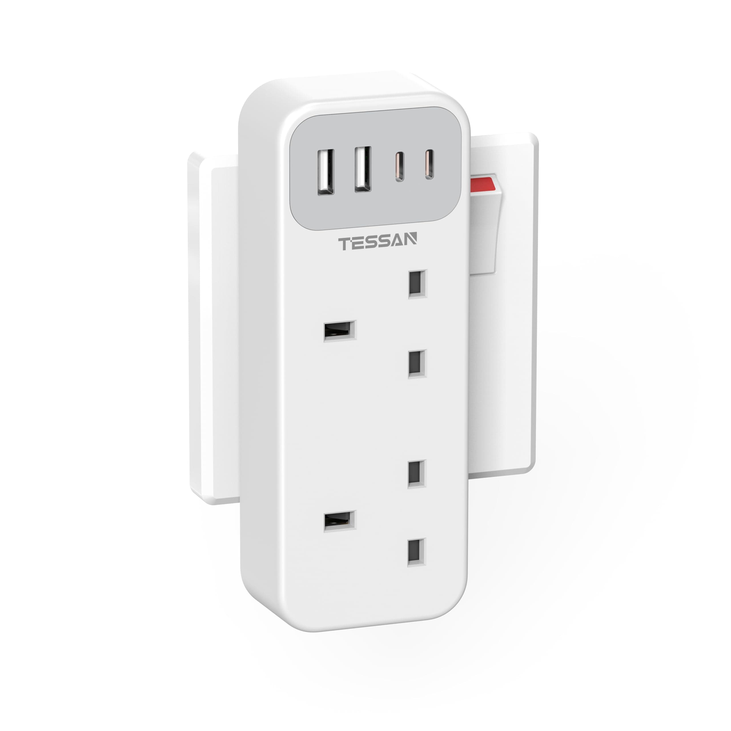TESSAN Double Plug Adaptor with 4 USB(2 USB C), 2 Way Multi Plug Extension Adapter, UK 13A Fuse Multiplug Sockets Power Extender for Home, Kitchen, Office, School Supplies