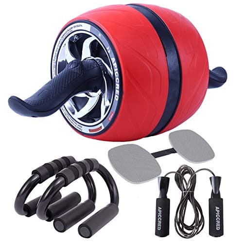 Ab Roller Wheel with Automatic Rebound Structure and Ergonomic Grips Abdominal Exercise Wheel with Push Up Bars, Adjustable Jump Rope and Knee Pad for Core Strength Training Home Fitness Workouts(red)