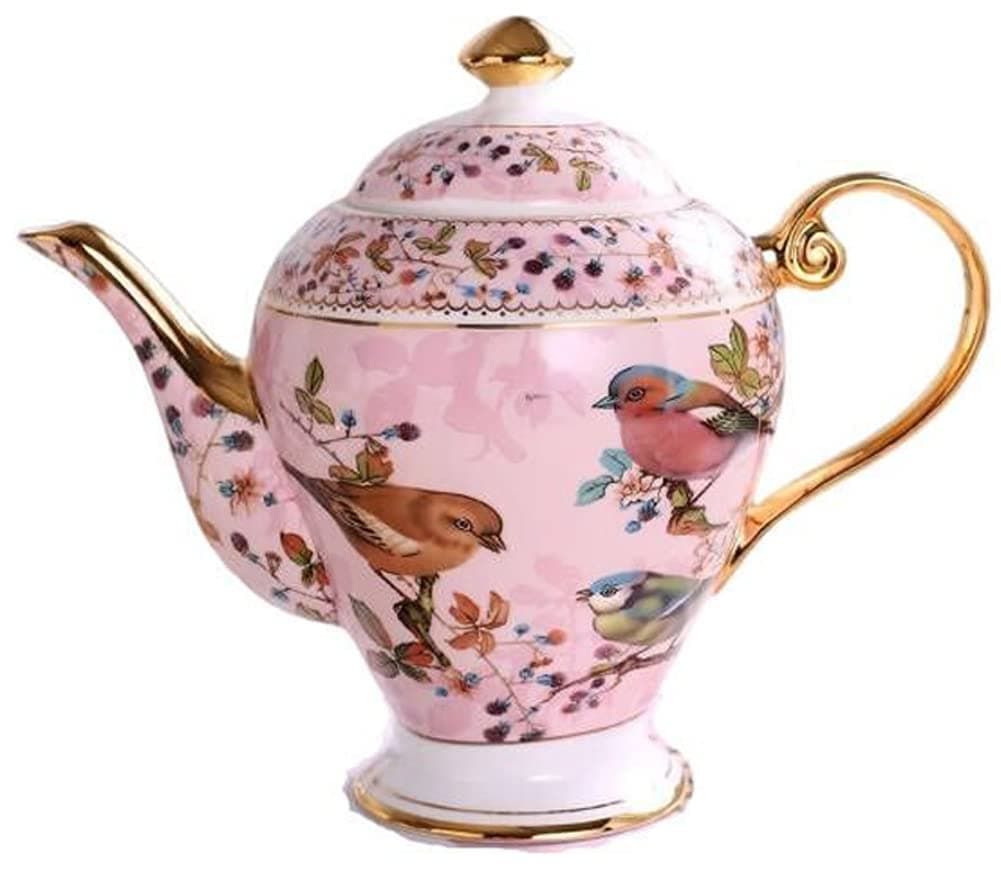YBK Tech Bone China Teapot, 34oz Ceramic Coffee Pot, Birds and Trees Patterns (Light Pink)