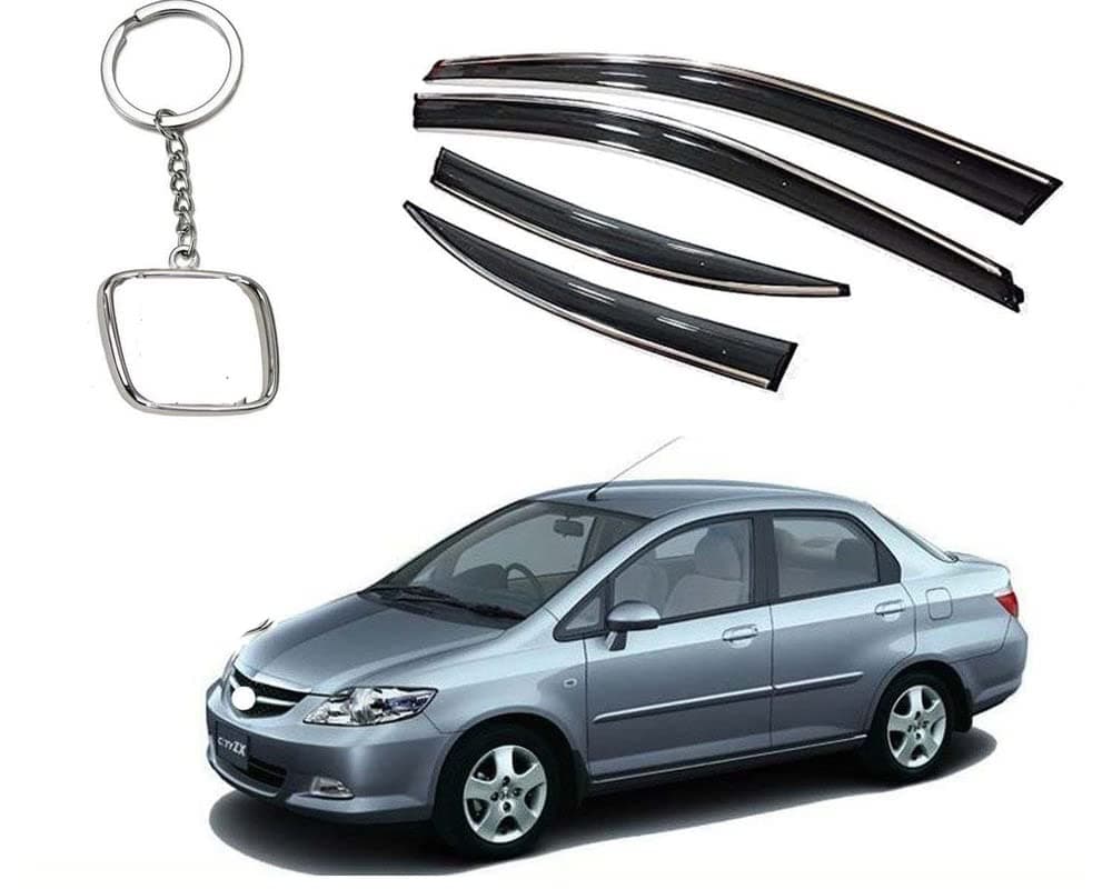 Chromeline Silverline Door Rain Visor Wind Deflector Compatible for Honda City Zx Model 2005 Onwards Set of 4 Pieces with Logo Key Chain Ring