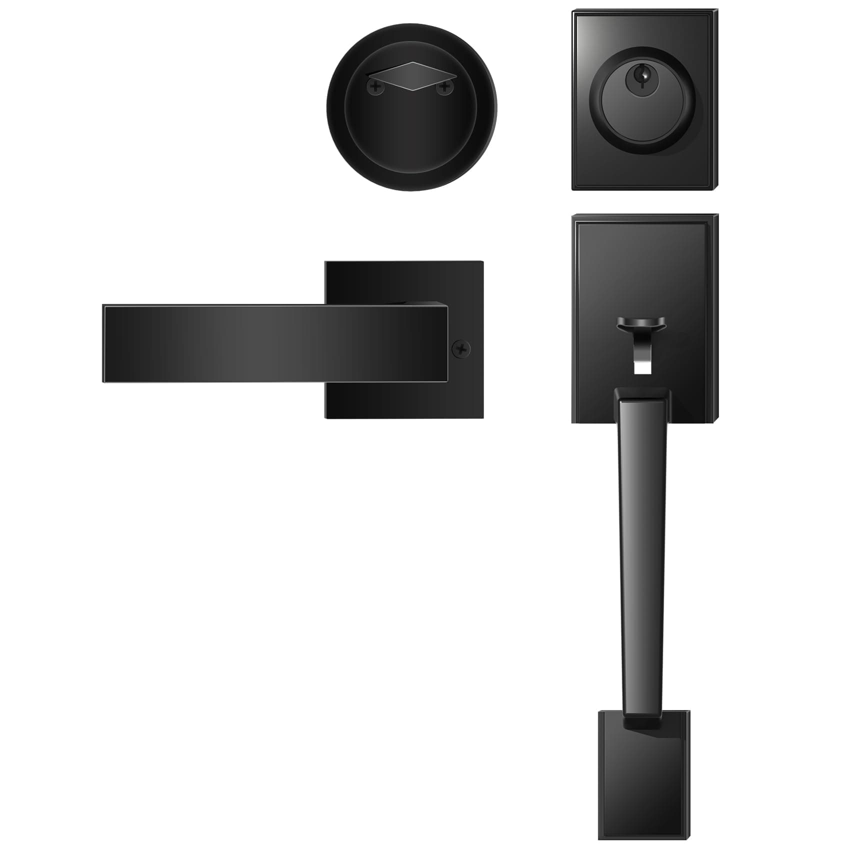 Azdele Black Front Door Handle with Deadbolt and Lever Set, Modern Front Door Lock Set, Black Door Handle with Single Cylinder Deadbolt for Exterior Door, Reversible for Right&Left Handed, Matte Black