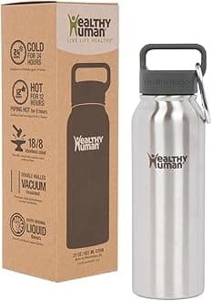 Healthy Human Stainless Steel Water Bottle | Double Walled Vacuum Insulated Water Thermos for Adults | Eco-Friendly Travel Bottles with Leak Proof Lid (Brushed Steel, 21 oz/ 621 ML)